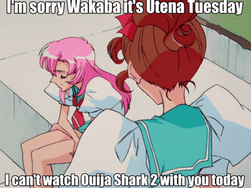 two anime girls are sitting next to each other with a caption that says i 'm sorry wakaba