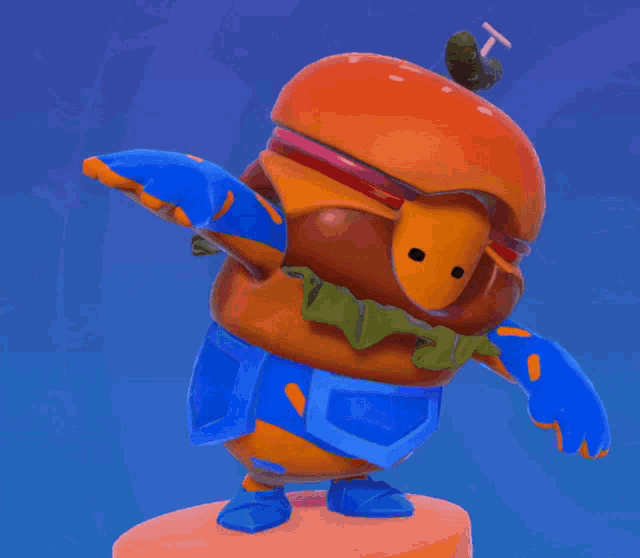 a cartoon character that looks like a hamburger wearing a blue superhero costume