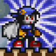 a pixel art of a cartoon character standing in front of a lightning bolt .