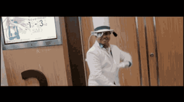 a man in a top hat is dancing in a bathroom