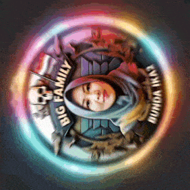 a woman in a hijab is surrounded by a colorful circle that says big family