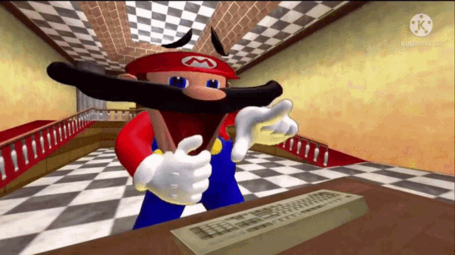 a cartoon character with a mustache and hat is standing next to a keyboard .