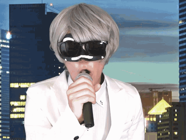 a man wearing sunglasses and a fake mustache singing into a microphone