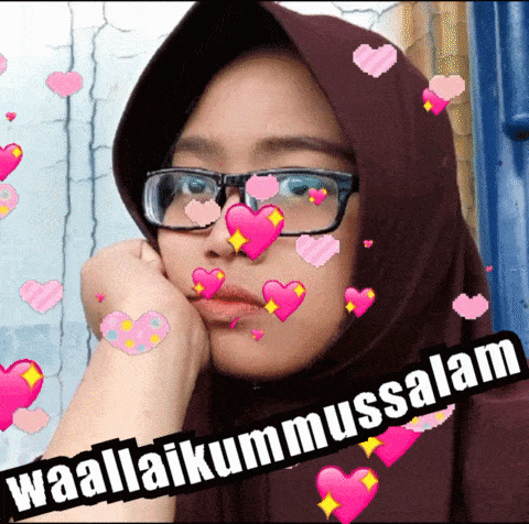 a woman wearing glasses and a hijab is surrounded by pink hearts and the words waallaikummussalah