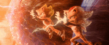 sonic and shadow are fighting each other with lightning