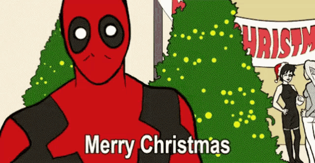 a cartoon of deadpool saying merry christmas