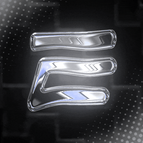 a silver letter e on a black background with dots