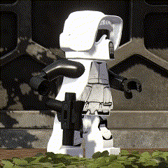 a lego storm trooper is standing in a field of green leaves