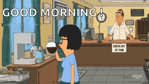 a cartoon of a woman drinking a cup of coffee with the words good morning written above her .