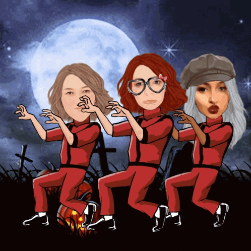 three women in red jumpsuits are dancing in a cemetery