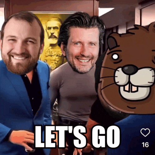two men and a cartoon beaver with the words let 's go on it