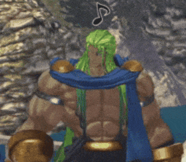 a muscular man with green hair is wearing a blue scarf around his neck