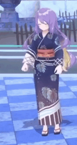 a girl with purple hair and a kimono is standing on a checkered floor .