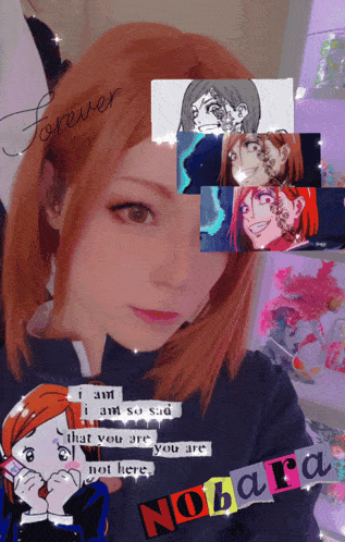 a girl with red hair is wearing a black shirt that says nobara on it