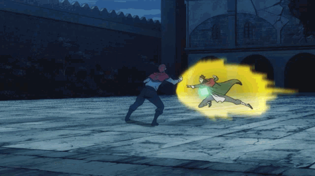 a man in a red cape is being attacked by another man in a blue cape
