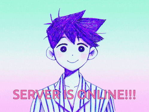 a drawing of a girl with purple hair and the words server is online !!!