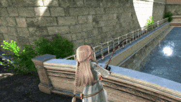 a girl in a white dress is holding a fishing rod on a bridge
