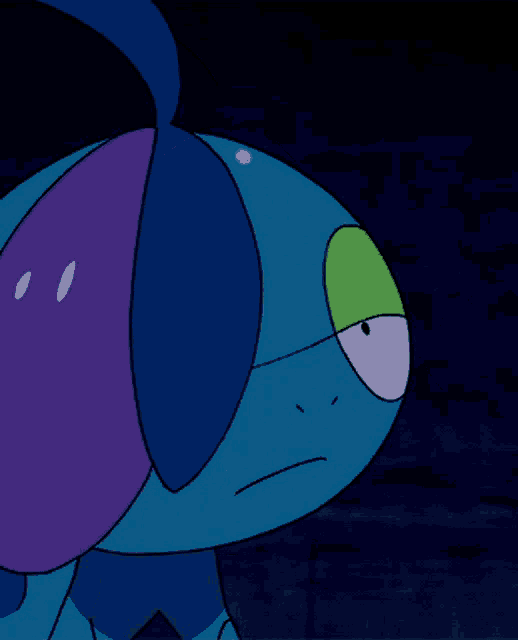 a blue and purple cartoon character with a green eye and a white nose
