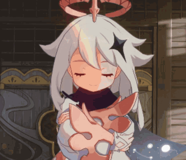 a girl with white hair and a star on her head is hugging a pink animal