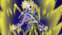 a man in a purple jacket is standing in front of a blue background with a sword in his hand .