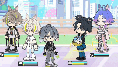 a group of anime characters are standing next to each other with one holding a basket