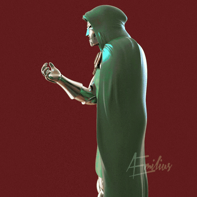 a statue of a man in a green cape with the name armius written on the bottom