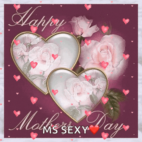 a mother 's day greeting card with two hearts and pink roses