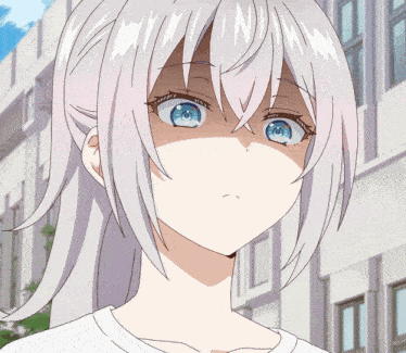 a girl with white hair and blue eyes is looking at the camera