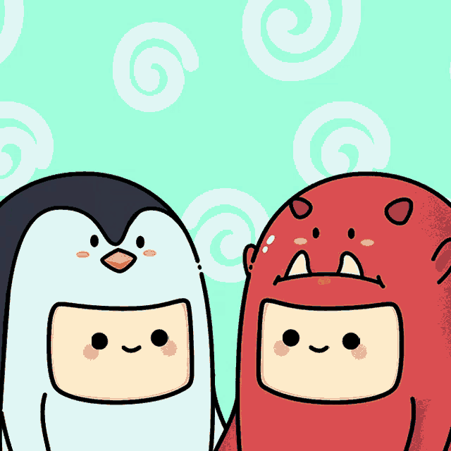 a penguin and a red monster are standing next to each other with swirls in the background
