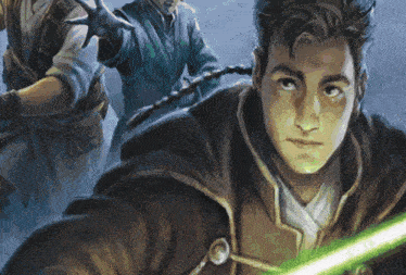 a painting of a man with a green light saber