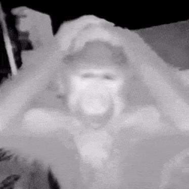 a black and white photo of a monkey wearing a hat and holding its head .