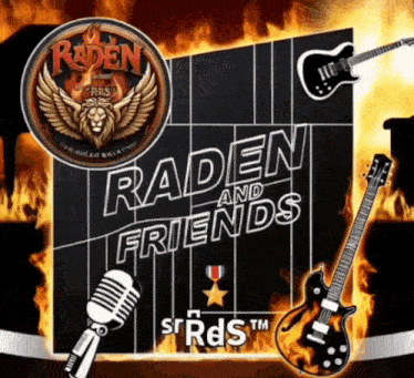 an advertisement for raden and friends with a microphone and guitar