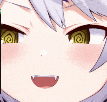 a close up of a cartoon character 's face with a purple stripe on her hair