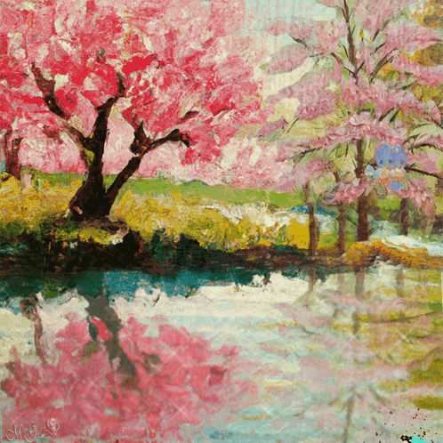 a painting of cherry blossom trees along a river