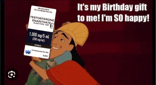 a cartoon character is hugging a package of testosterone enanthate