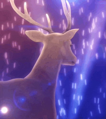 a white deer is standing in front of a blue and purple background