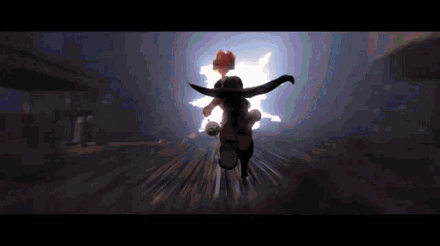 a cartoon character is flying through the air in a dark room