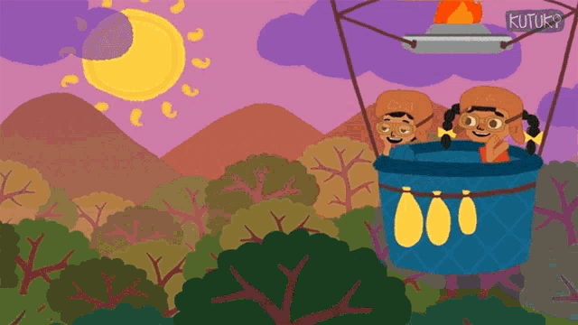 a cartoon drawing of two people in a hot air balloon with the word kutuky on the bottom