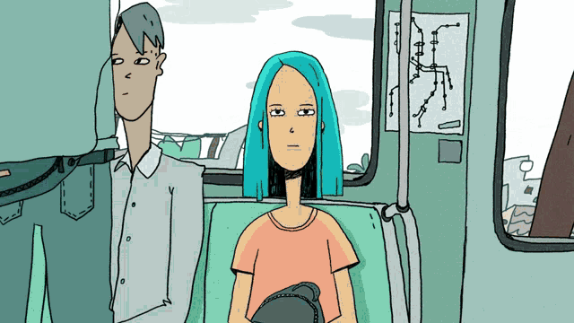 a cartoon of a woman with blue hair sitting on a train