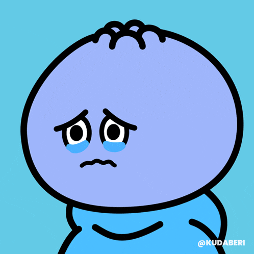 a cartoon character with a sad face and a blue background