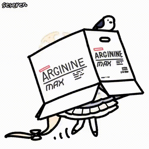a cartoon character is holding a box of arginine max with a bird on top of it .