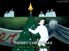 a cartoon of a man decorating a christmas tree with the words merry christmas on it