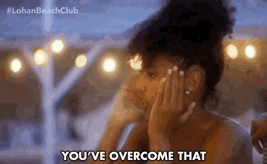 a woman is saying " you 've overcome that " in a blurry photo