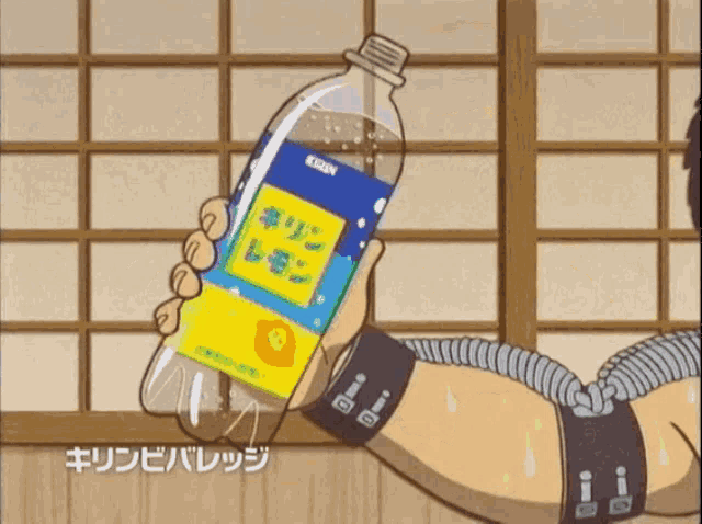 a cartoon character is holding a bottle with a yellow label