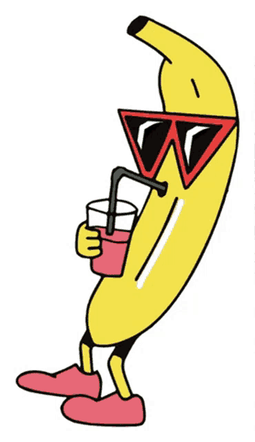 a cartoon of a banana wearing sunglasses and holding a drink with a straw
