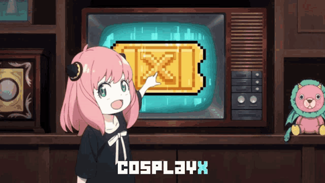 a girl pointing at a screen with the word cosplayx on it