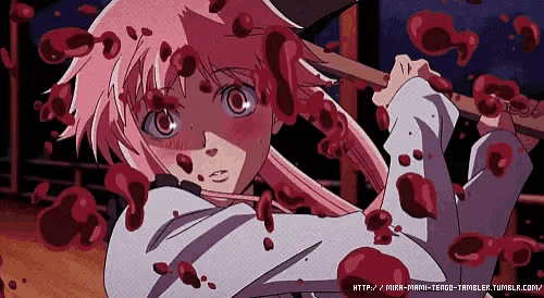 a girl with pink hair is holding an axe surrounded by blood ..