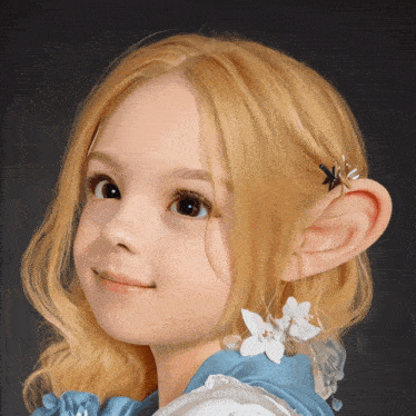 a little girl with blonde hair has a flower in her ear