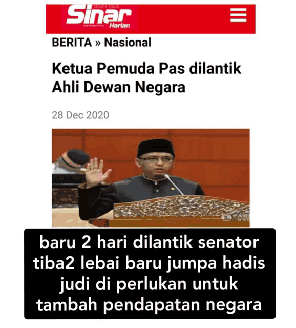 a sinar newspaper article with a picture of a man at a podium