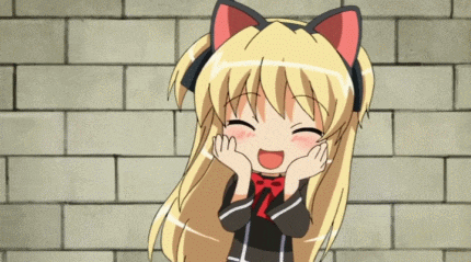 a cartoon girl with cat ears is smiling with her hands on her face